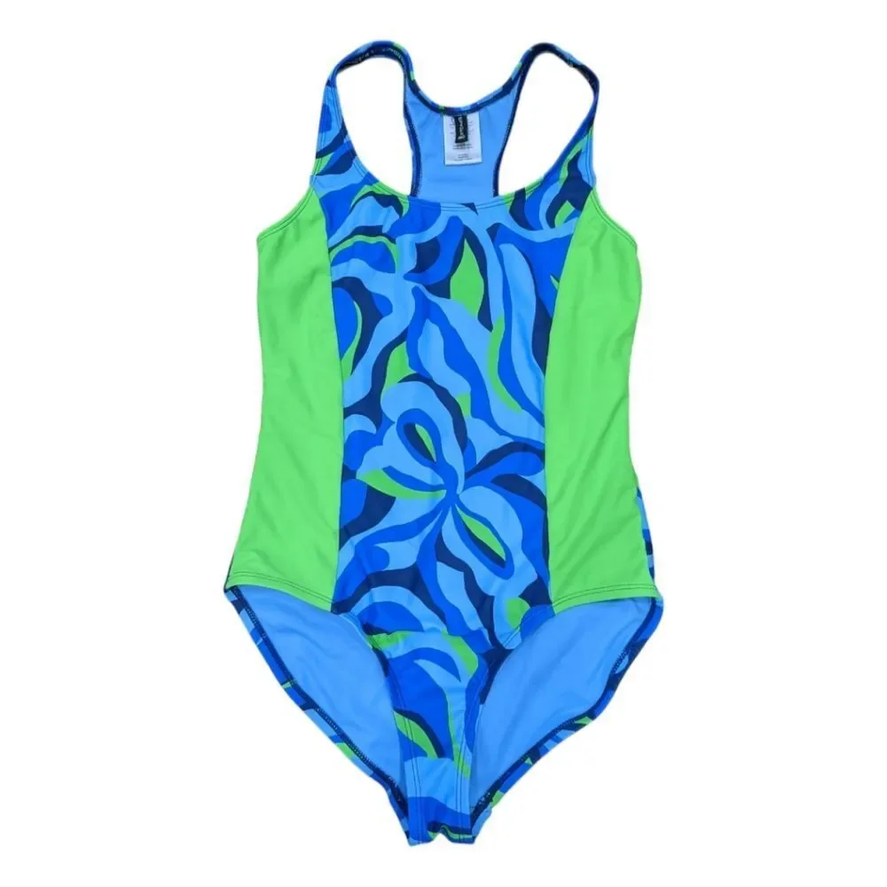 Spyder Blue Green Colorblock Abstrsct One Piece Swimsuit Girls Large 12 14